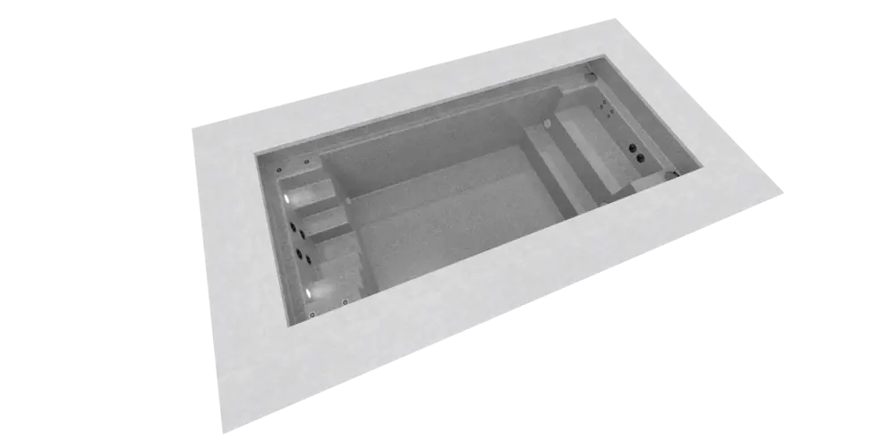 Rechteckiger eingebauter Whirlpool mit hellgrauem Innenraum, flachen Kanten und mehreren Düsen an den Innenwänden. Das Bild ist mit einer klaren Perspektive von oben nach unten gerendert.