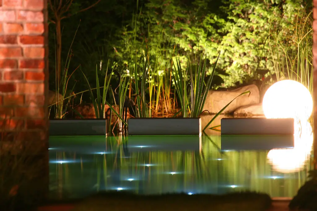 Ein Swimmingpool bei Nacht mit Unterwasserbeleuchtung, Schilfpflanzen am Rand, einem runden, leuchtenden Licht auf der rechten Seite und einer sichtbaren Backsteinmauer auf der linken Seite.